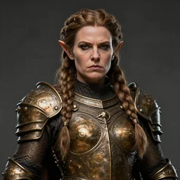 Portrait | female dwarf queen | bronze dwarven breastplate | long neat braided hair | style by greg rutkowski, wayne reynolds, jeff easley dramatic light | high detail | cinematic lighting | artstation | Regal and Proud robust woman| bold serious expression | dungeons and dragons |