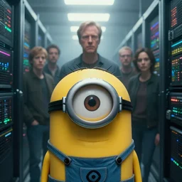 extremely detailed cinematic movie still 3 0 7 7 foggy portrait shot of a minion in an endless data centre by denis villeneuve, wayne barlowe, simon birch, marc simonetti, philippe druillet, beeple, bright volumetric sunlight from small windows, rich moody colors, closeup