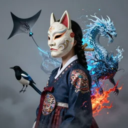3 d goddess medium shot profile portrait. beautiful intricate highly detailed korean gumiho mask and traditional korean hanbok. stingray, magpie, bioluminescent, plasma, lava, ice, water, wind, creature, fog, artwork by tooth wu and wlop and beeple and greg rutkowski, in the style of hudson river school,