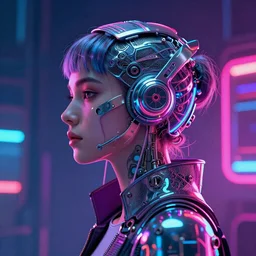 digital illustration of A profile portrait of a cyberpunk female,full metal overlay,neon colors,profile,neon background, f1.8, 50mm, vibrant light,leaks,sci-fi,futuristic,psychedelic,Surreal,minimalism,high detailed, intricate detail,high contrast, hyper realism 8k,trending on artstation.