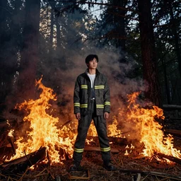 fashion editorial in forest fire. wide angle shot. highly detailed.
