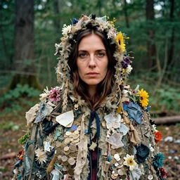 closeup portrait of a woman wearing a cloak made of garbage and junk and flowers, standing in a pile of coins, forest, by Annie Leibovitz and Steve McCurry, natural light, detailed face, CANON Eos C300, ƒ1.8, 35mm, 8K, medium-format print