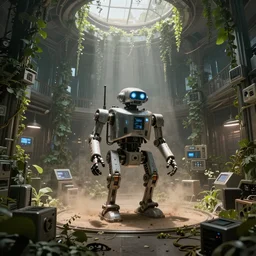 Robo-modules of the GLaDOS super computer in the center of a huge hall overgrown with vines and plants of the complex, old computers, a suspension of dust in the air, rays of light through the ceiling, realism, art,
