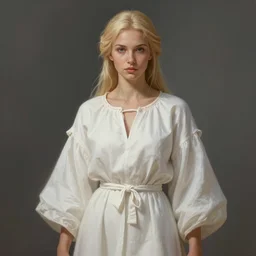 handsome slavic maiden, white folklore robe, athletic, pale blond hair, highly detailed, digital painting, artstation, concept art, smooth, sharp focus, illustration, art by krenz cushart, artem demura, alphonse mucha, tony sandoval