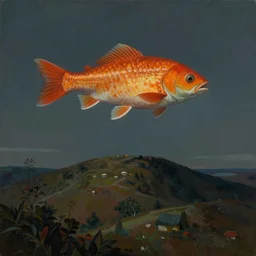 A landscape painting of a hill with a big orange fish floating in the sky by James Gilleard, Mark Ryden, Wolfgang Lettl highly detailed, Dark cineamtic and atmospheric lighting