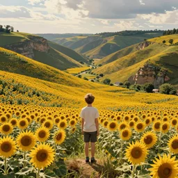 boy standing on a hill looking down into the valley of sunflower fields, hills, cliffs, yellow sunflowers flower boy album cover by norman rockwell