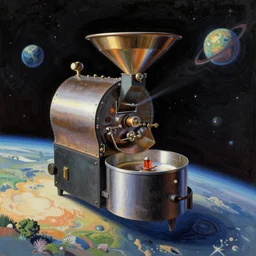 a small batch open drum coffee roaster flying through outer space colorful drawing by van Feng Zhu