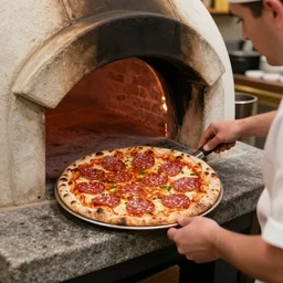 a cook putting a pizza salami in a stone oven in a restaurant, hyperdetailed picture, ultra realistic picture, warm colors, top view