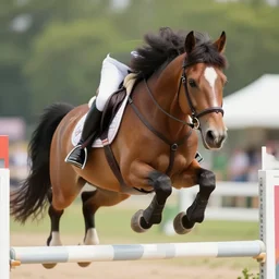close up ground level shot, a rider on a hybrid ( my little pony ) horse, horse jumping a over a hurdle, a horse that's ( my little pony ), digital art, professional, high quality, dof, bokeh, action