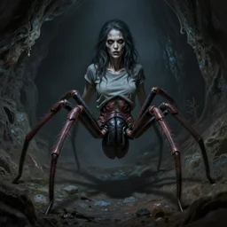 creepy matte painting of a female spider with eight legs in a dark cave wearing a shirt, ultra detailed, monster, half human half spider, human torso!!, spider thorax!!!, creature design, concept art, 8 k, moody lighting, muted colors, blue tone light, dramatic lighting, realistically proportioned body, realistically proportioned face, racnoss