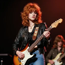 19-year-old girl wearing black leather jacket and denim jeans, shaggy wavy red hair, holding electric guitar, 1973 concert photo
