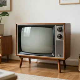 a 1 9 6 5 television in a mid century modern house. the tv is on.