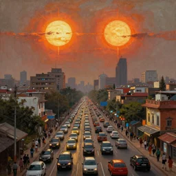 stonepunk dhaka city under twin suns , Dhaka traffic, realistic painting, classical painting, high definition, digital art, matte painting, vibrant, mystical, fantasy art, very detailed, realistic
