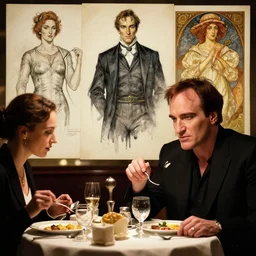 quentin tarantino eating dinner at the titty twister, character sheet, character design, contrast, deep focus, turnaround, highly detailed, dramatic lighting, digital painting, artstation, concept art, matte, sharp focus, illustration, elegant, art by artgerm and greg f and alphonse mucha.