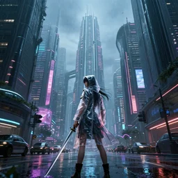 city of the future, many skyscrapers, blade runner style, hyper - realistic, octane render, realistic, real, street, rain, young girl with sword wearing skirt and clear raincoat with long hair, cinematic, 8 k, very intricate, 8 0's, night, game, anime
