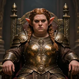 Portrait | chubby female dwarf queen | bronze dwarven breastplate | beautiful braided hair | style by greg rutkowski, wayne reynolds, jeff easley dramatic light | high detail | cinematic lighting | artstation | Regal and Proud robust woman| bold serious expression | dungeons and dragons | throne room |