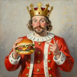 a king holding a burger, painting