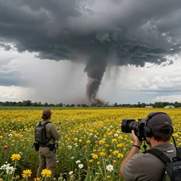 award winning photograph of a tornado in a field of flowers, storm chaser footage, national geographic