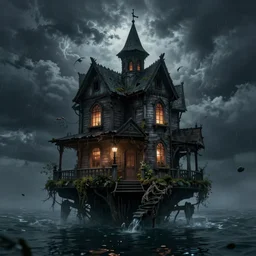 haunted house floating in water, storm approaching, stylized, artgerm, artstation, hd, cgsociety, cgi, realistic, dramatic, cinematic, artistic, trending, detailed