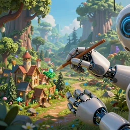 a robot hand painting a fantasy forest and town, adventure, unreal engine, high detailed, octane render