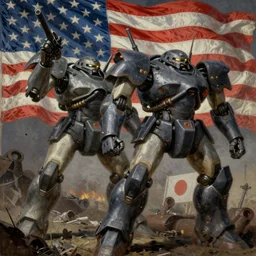 America and Japan fight WWII with mechs, in the style of Norman Rockwell, sci-fi illustrations, highly detailed, award-winning, patriotic, american, dark, gritty, oil painting