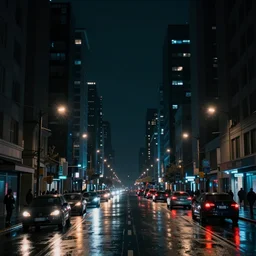 dark neon lit streetscape, buildings, tall, dark lighting, cars, people, tail lights, headlights, wet rainy night with lights reflecting, top - rated, award winning, realistic, detailed lighting, detailed shadows
