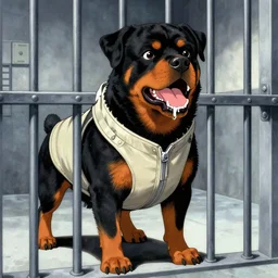 anthropomorphic snarling rottweiler wearing a straightjacket in a prison cell, foaming, bars, yoshitaka amano