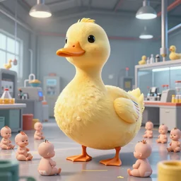 A giant duck works in a factory full of babies on the floor, digital art, highly detailed