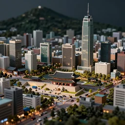 a miniature diorama of downtown seoul, macro photography