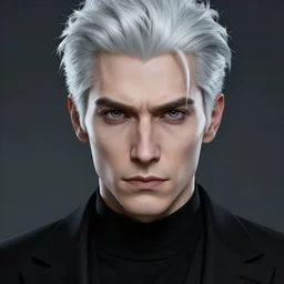 portrait of 4 0 - year - old man with white hair with a pale complexion, pointed face and grey eyes, clear smooth face, no beard, wearing all black clothes, haughty facial expression, hyper realistic face, beautiful eyes, character art, art by mark brooks, hyperdetailed, cryengine, trending on artstation, digital art