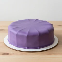 A photo of a swedish princess cake from the side on a wooden table, covered with purple marzipan, some powder sugar and a green marzipan leaf in the center. Sunset. 4K. Cinematic lighting. High detail. Realistic. Delicious.