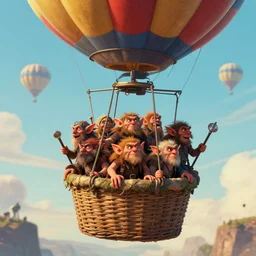 A Beautiful digital artwork of the A bunch of goblins in the basket of a travel balloon, war and battle, in style by Dan Mumford, Cyril Rolando and M.W Kaluta, 8k resolution