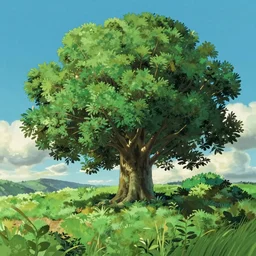 a landscape of a single tree with bushes nearby, studio ghibli, castle in the sky, animated, anime, illustrated, vibrant, by kazuo oga i, by miyazaki, on artstation