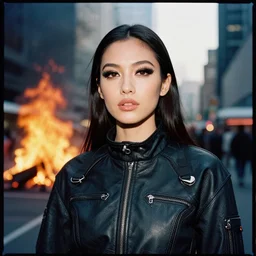Cinestill 50d candid photography of a city on fire, a techwear mixed woman wearing thick mascara and dark glitter makeup crying outside of a city on fire, tattoos, tilted frame, 4k, 8k, hd, full color