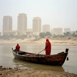 a man in red drapery in a blood barque on a river next to a neoclassical vertical city in the desert, leica sl 2 5 0 mm, heavy grain, high quality, high detail, fog, mud
