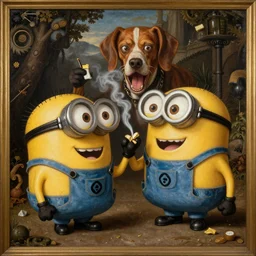 A Renaissance style painting  consisting of Minions fighting Snoop dogg for that last drag of his joint, surreal,  by Rembrandt, trending on Artstation, 8K HD
