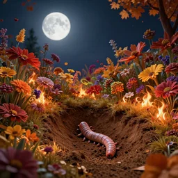 autumn moonlight a worm digs silently into the chestnut entwined in colourful lush flowers and fire highly detailed, volumetric lighting, highly detailed, octane render, concept art, smooth, sharp focus, hyper - realistic