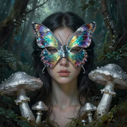 a close - up neoclassicist portrait of an alien girl wearing an iridescent butterfly mask surrounded by silver mushrooms in a jungle. reflective textures. glowing fog in the background. highly detailed fantasy science fiction painting by norman rockwell, frank frazetta, and syd mead. rich colors, high contrast, gloomy atmosphere, dark background. trending on artstation