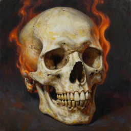 oil painting of a burning skull, hyperdetailed, claire obscure