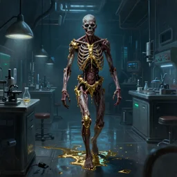 realistic painting of a dark sci-fi laboratory at night, blue and green light, cold. dressed zombie walking made of guts and veins dripping golden shiny metalic fluid from ribcage to the floor. liquid shiny puddle of gold on the floor.