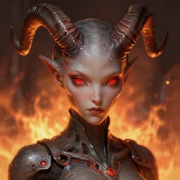 portrait of realistic alien with horns. red eyes, human eyes, background flames, sci - fi, tech wear, volumetric lighting, intricate, elegant, highly detailed, digital painting, artstation, concept art, illustration, bokeh, in the style of lee jeffries