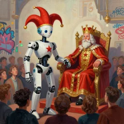 Court jester artificial intelligence robot  surrounded by crowd, next to the king's throne, futuristic, oil on canvas, digital painting, artstation, concept art, smooth, sharp focus, illustration, artstation trending, perfect composition, golden ratio, beautiful detailed, geometric shapes, hard edges, graffiti, street art