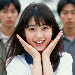 1990s, perfect, dynamic, epic, cinematic 8K HD movie shot of semi-close-up japanese beautiful cute young J-Pop idol actress girl face, she express joy and posing. By a Chinese movie director. Motion, VFX, Inspirational arthouse, high budget, hollywood style, at Behance, with Instagram filters, Photoshop, Adobe Lightroom, Adobe After Effects, taken with polaroid kodak portra