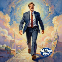 energetic man in business suet walk on milky way, acrilic paint, digital, artstation, detailed intricate ink illustration, heavenly atmosphere, digital art, overdetailed art, concept art, complementing colors, trending on artstation, cgstudio, the most beautiful image ever created, dramatic, subtle, details, award winning artwork, beautiful scenery
