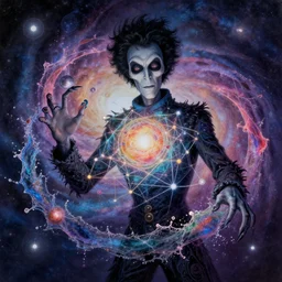 galaxy bender experiencing the quantum field, elevated consciousness, beautiful astrological neural network, bob ross matte painting and tim burton comic book art, twist of time, realistic, trending on artstation, sharp focus, depth of field, cinematic composition, physics splashes of colors, science fiction, highly detailed
