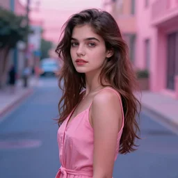 portrait of a beautiful girl standing in an empty street, shades of pink and blue, by john chamberlain