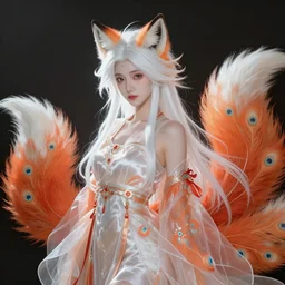 prompt A beautiful portrait of a white red orange kumiho, translucent silky dress in the style of peacock feathers, close up, long clumpy hair in the shape of fox tail, backlit, concept art, matte painting, by Peter Mohrbacher
