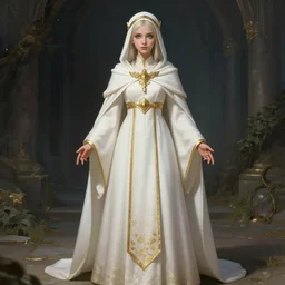 Pretty Female cleric, white robes, golden accents, green eyes, extremely detailed face!, young, 2 arms and 2 legs!, looking frontal view, high fantasy, by Albert Aublet, Krenz Cushart, WLOP, Sakimichan