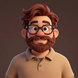cell shaded, pleasant, happy, husky, nerdy man character portrait, wearing polo shirt, earth tones, dark auburn short wavy hair, full beard, glasses without frames, freckles, by don bluth, highly detailed, dynamic shadows, 4 k, wallpaper - 1 0 2 4