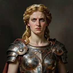 the Greek godess Hera looking angry, rusty armor, portrait, by Donato Giancola